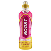 A 500ml Boost Sport Isotonic Raspberry & Mango drink in a pink and yellow bottle with a sports cap, packed with electrolytes and labeled at 89p.